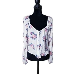 Passport Womens White Floral Square Neck Long Sleeve Top Size‎ Large